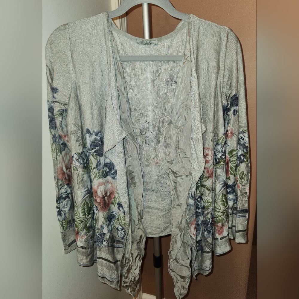 Elena Baldi Open Waterfall Floral Long Sleeve Gray Cardigan, Italian, Large